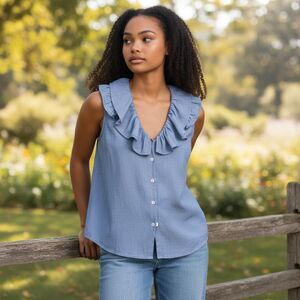 Vintage-Style Denim Button Front Blouse | Women’s Size L | Sleeveless Jean Top
